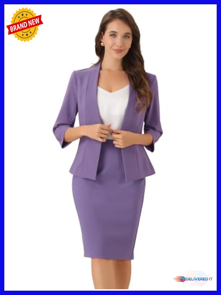 Collarless Blazer Pencil Skirt 2 Piece Suit Set Office Work Outfit